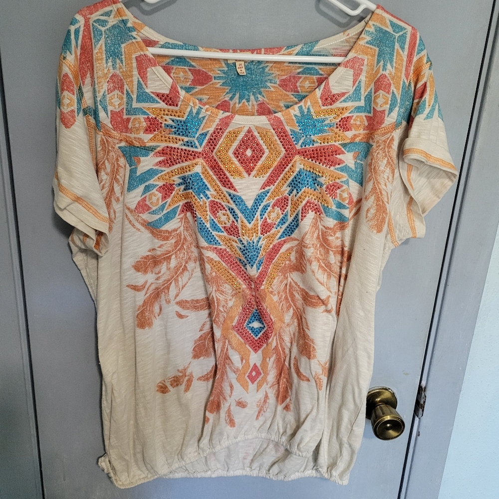 Reba  Women's Top Sz 2Xl Aztec Print Crystal Embellished Elastic Waist